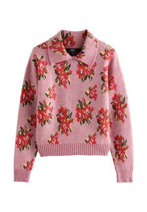 Maglione rosa con design colletto, caratterizzato da un motivo floreale in rosso, verde e giallo. Bordo e polsini a coste con una finitura a maglia testurizzata.