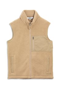 Veste sans manches en polaire beige avec fermeture éclair devant, deux poches avant et une poche poitrine zippée, col montant et tissu texturé.