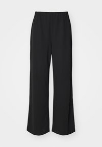 Pantalons larges noirs avec une taille élastique, fabriqués à partir d'un tissu lisse, avec un design simple et dépouillé.