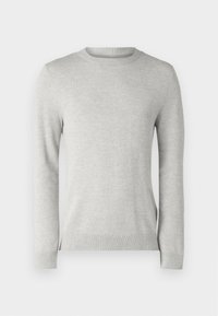 Maglione lavorato a maglia grigio chiaro con collo a giro, maniche lunghe e bordi e orlo a coste. Tessuto testurizzato con un motivo uniforme su tutta la superficie.