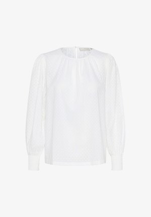 White blouse with a dotted pattern, round neckline, and elastic cuffs. Features long puff sleeves and a keyhole opening at the back.