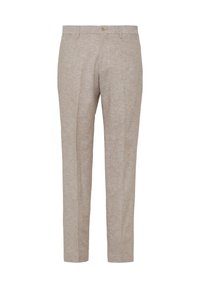 Helle beige Hose aus einem strukturierten Stoff. Verfügt über einen geraden Schnitt, einen Knopfverschluss und keine sichtbaren Taschen.