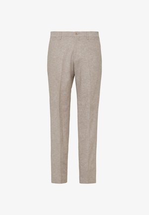 Helle beige Hose aus einem strukturierten Stoff. Verfügt über einen geraden Schnitt, einen Knopfverschluss und keine sichtbaren Taschen.