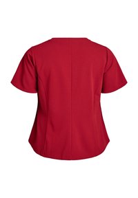 Czerwona bluzka z krótkim rękawem i okrągłym dekoltem, wykonana z miękkiego materiału. Charakteryzuje się gładką teksturą oraz zaokrąglonym dołem.
