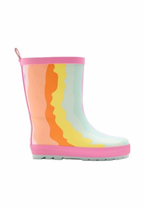 Botte de pluie en caoutchouc pour enfant avec bordure rose et rayures ondulées multicolores dans des tons orange, jaune et bleu pastel.