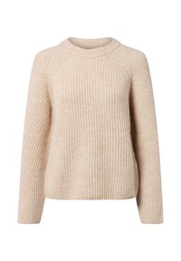 Beige gestrickter Pullover mit langen Ärmeln und gerippter Textur, mit einem runden Halsausschnitt und entspannter Passform.