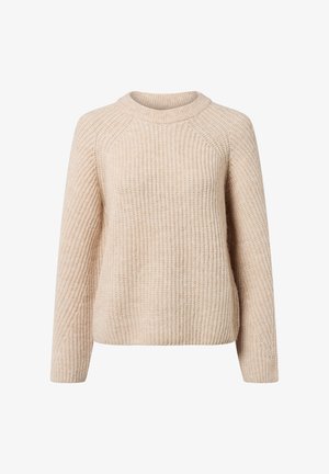 Beige gebreide trui met lange mouwen en ribbelstructuur, met een ronde halslijn en een relaxte pasvorm.