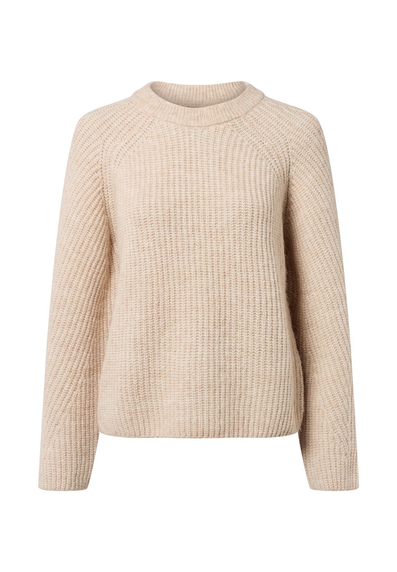 Beige gestrickter Pullover mit langen Ärmeln und gerippter Textur, mit einem runden Halsausschnitt und entspannter Passform.