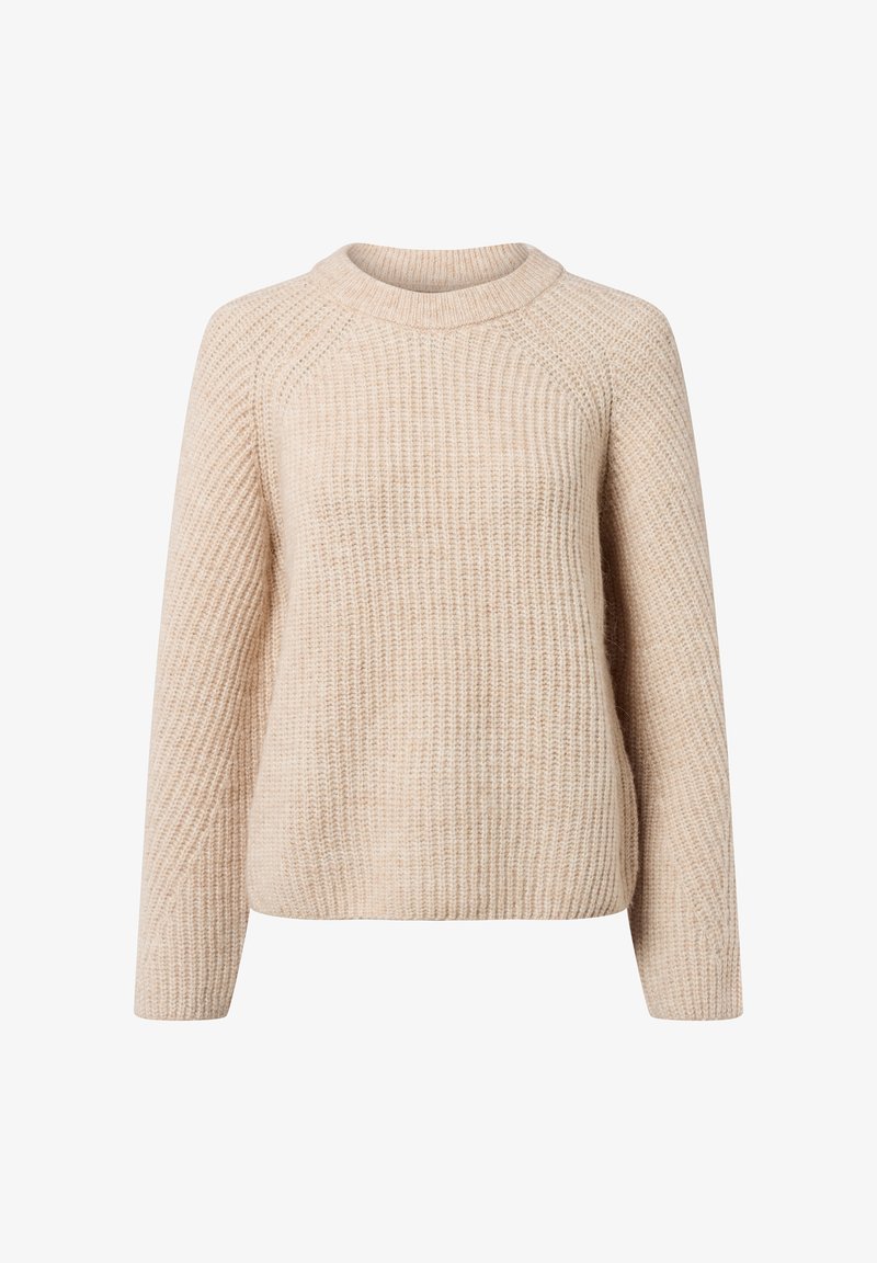 Beige gestrickter Pullover mit langen Ärmeln und gerippter Textur, mit einem runden Halsausschnitt und entspannter Passform.