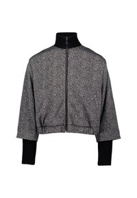 Veste zippée raccourcie avec col montant noir côtelé et poignets noirs côtelés prolongés, présentant un motif en chevrons texturé gris et noir.