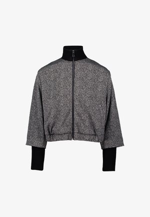 Cropped zip-up jacket with black ribbed high collar and extended ribbed black cuffs, featuring a textured gray and black herringbone pattern.