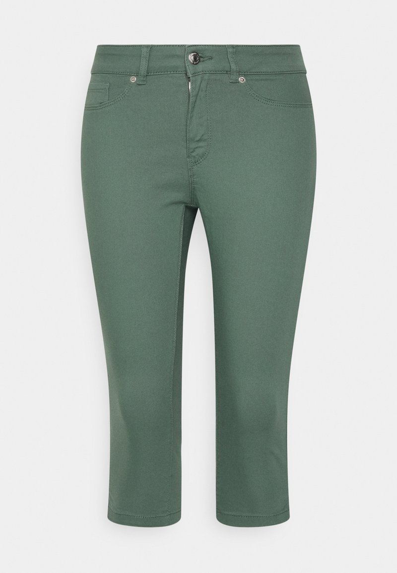 Vihreät lyhyet housut joustavasta kankaasta, joissa on edessä nappikiinnitys, vyölenkit ja hienovaraiset ompelut.