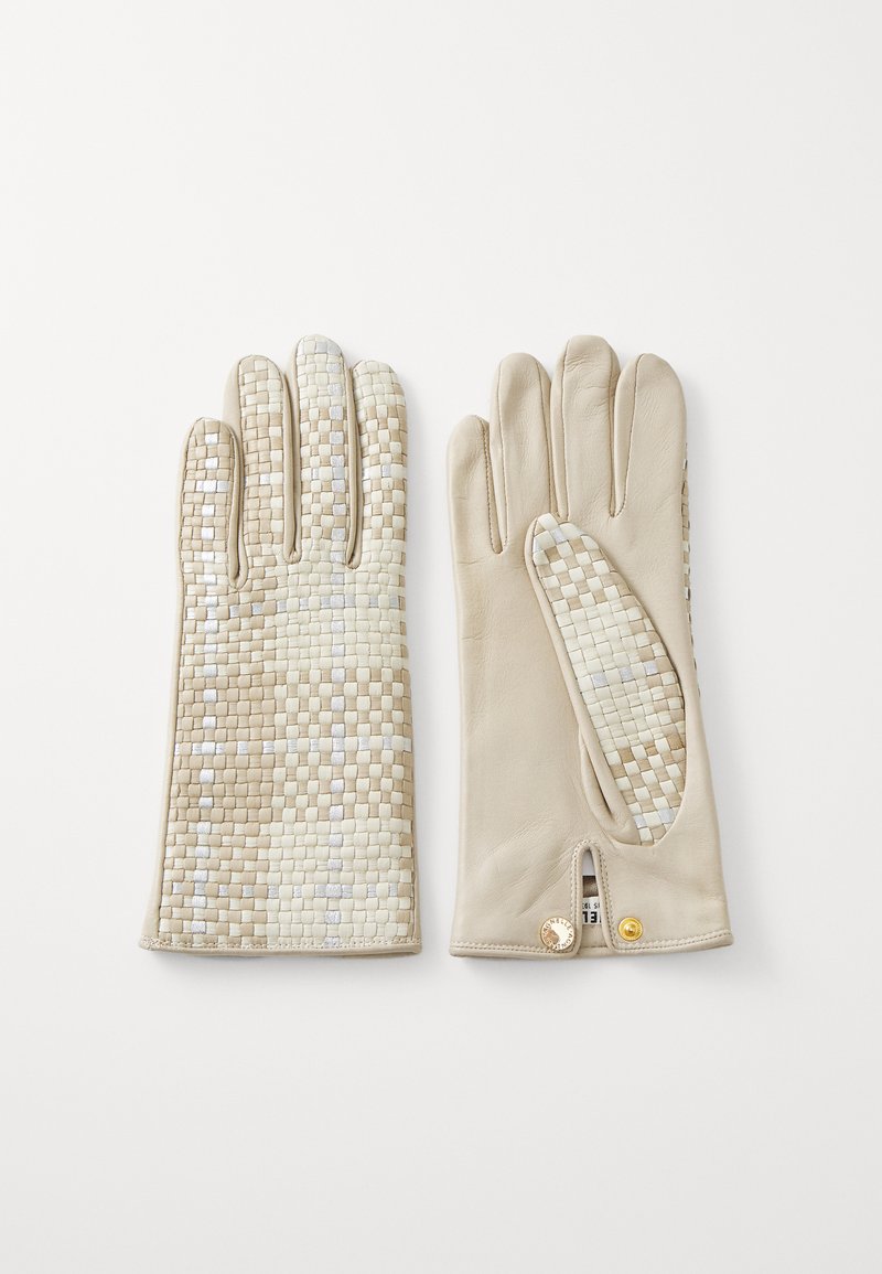 Beige Lederhandschuhe mit einem gewebten Muster auf der Vorderseite. Auffällige Details sind eine seitliche Öffnung und goldfarbene Akzente.