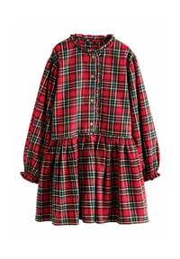Robe à carreaux rouges avec des manches longues et un décolleté volé, dotée d'une fermeture à boutons à l'avant et d'une jupe froncée en tissu à motifs.