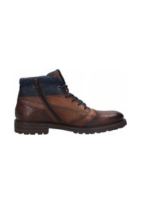 Bruine leren enkelboots met een gestructureerde kobaltblauwe stoffen kraag, voorzien van veters, een zijrits en een robuuste zool.
