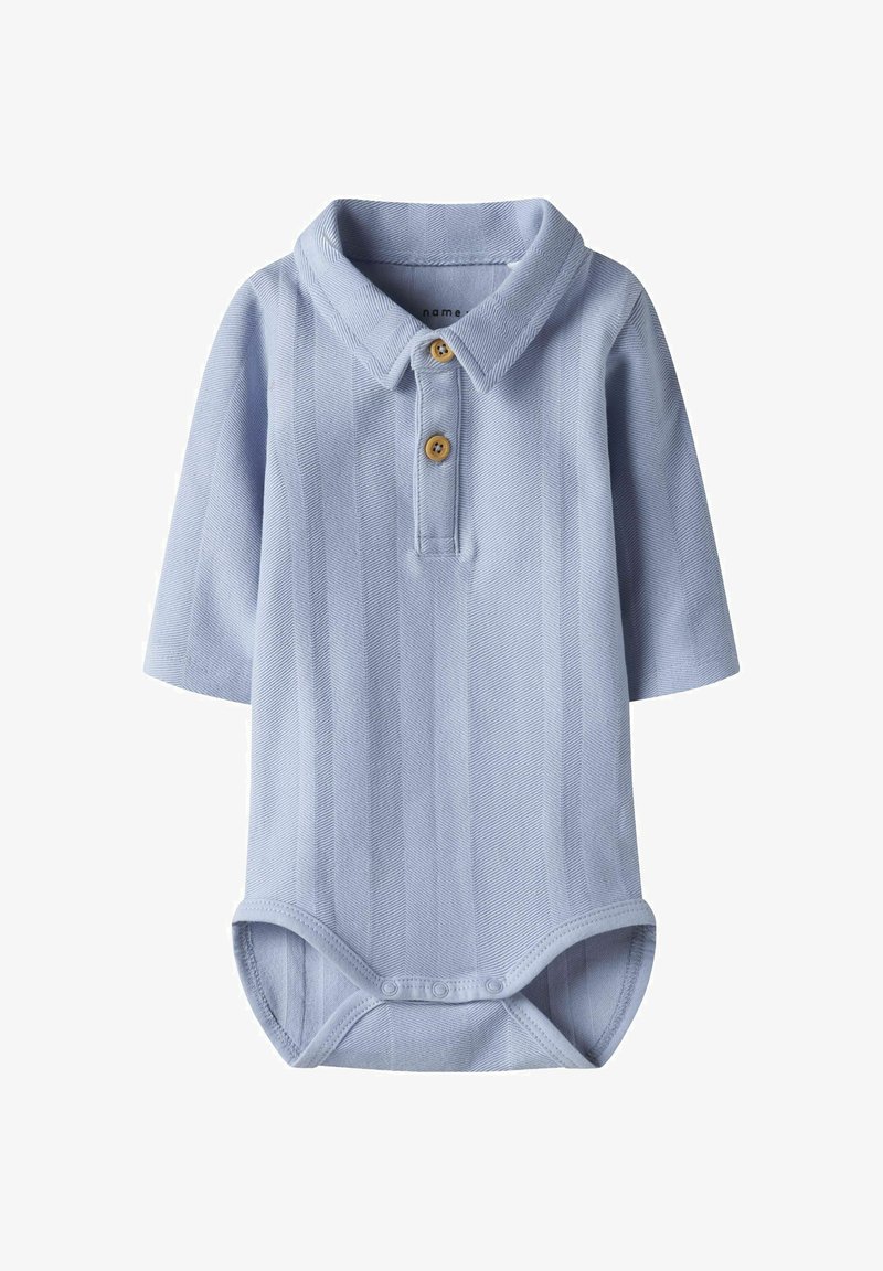 Light blue long-sleeve polo bodysuit with a textured rib design, two wooden buttons at the collar, and snap closures at the bottom.