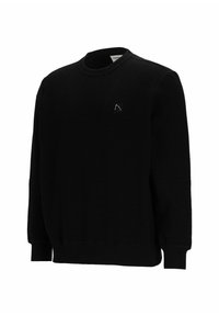 Schwarzer, gerippter Sweatshirt mit Rundhalsausschnitt, langen Ärmeln und einem kleinen Logopatch auf der Brust. Strukturierter Stoff in einheitlicher Farbe.