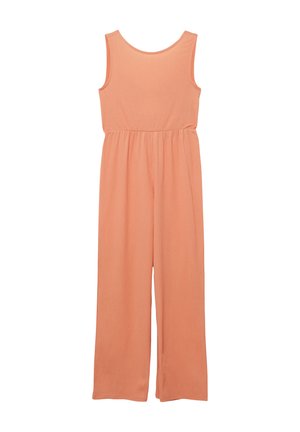Mouwloze jumpsuit in perzikkleur met een ronde halslijn, een getailleerde taille en wijde pijpen, gezien van de achterkant tegen een witte achtergrond.