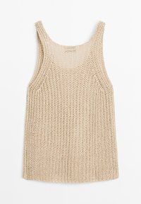Beige strikket tanktop med brede stropper, der har en åben vævning og en afslappet pasform. Ingen lukninger eller detaljerede pynt.