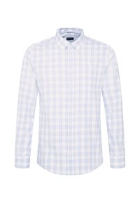 Koszula na długi rękaw zapinana na guziki w jasnoniebieską i białą kratę, wykonana z bawełny, z kołnierzem typu rozpiętego oraz zaokrąglonym dołem.