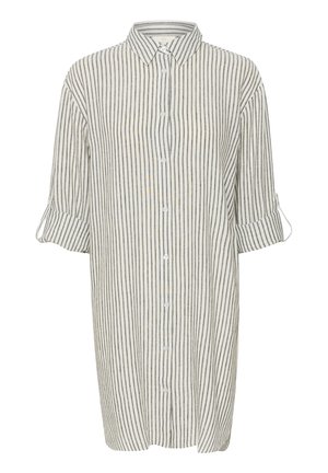 Gestreifte Hemdbluse aus leichtem Stoff, mit langen Ärmeln und Manschetten, Kragen und einem geraden Schnitt in Tunika-Länge.