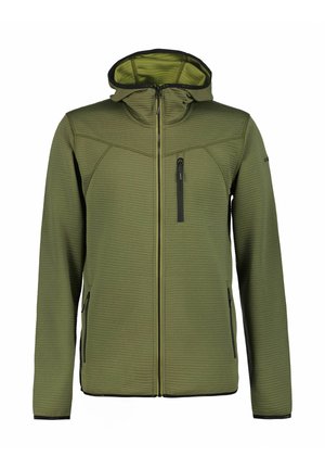 Veste zippée verte en tissu texturé, avec capuche et accents noirs. Dispose de poches latérales et d'une poche poitrine zippée.