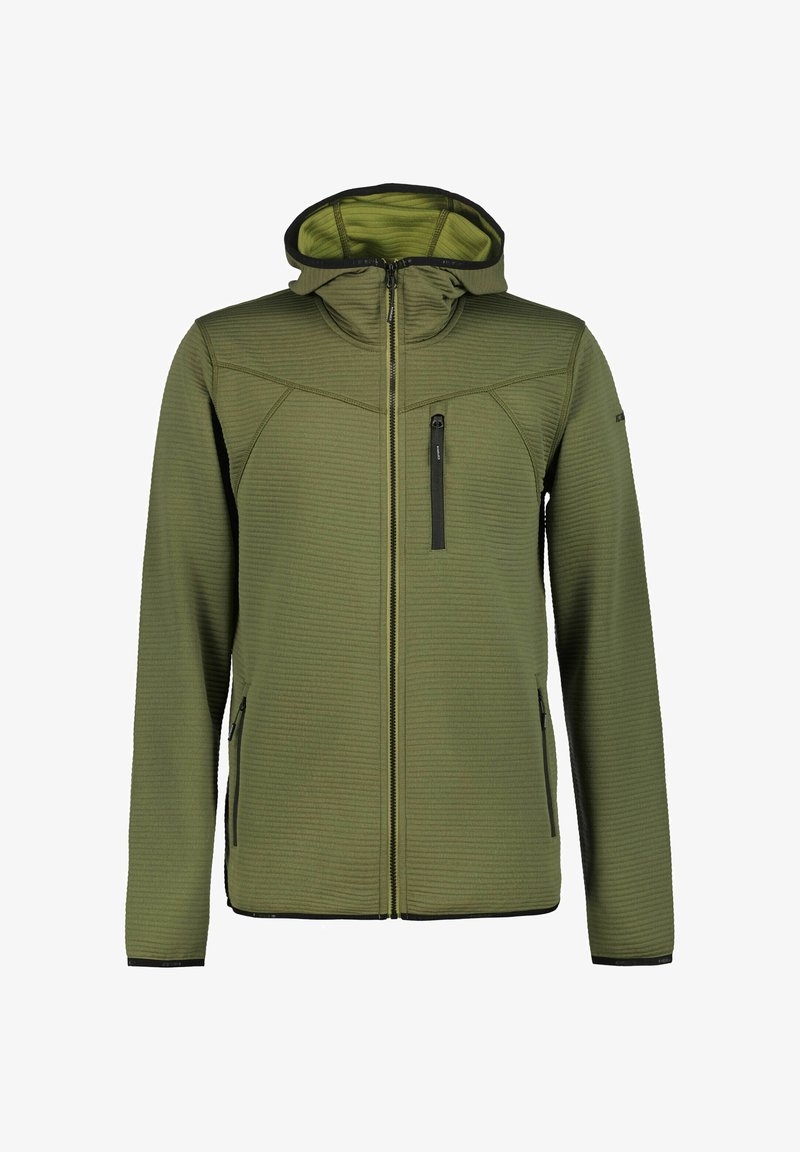 Zielona kurtka zapinana na zamek z teksturowanej tkaniny, z kapturem i czarnymi akcentami. Posiada boczne kieszenie oraz kieszeń na piersi zapinaną na zamek.