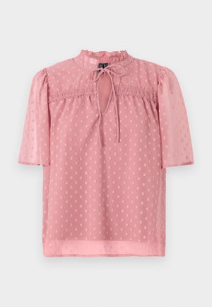 Light pink blouse with short puff sleeves, a frilled neckline, and sheer texture. Features a keyhole front and polka dot pattern throughout.