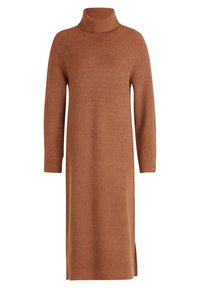 Ribbade, höghalssklänning i en varm brun färg. Långa ärmar, knälängd, med sidofack för ökad rörelsefrihet. Mjuk textur.