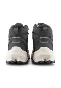 Grå vandringsskor med överdel i mesh och syntetmaterial, hög krage, förstärkt häl och strukturerad gummisula för bra grepp. Bagheera-logotyp synlig.