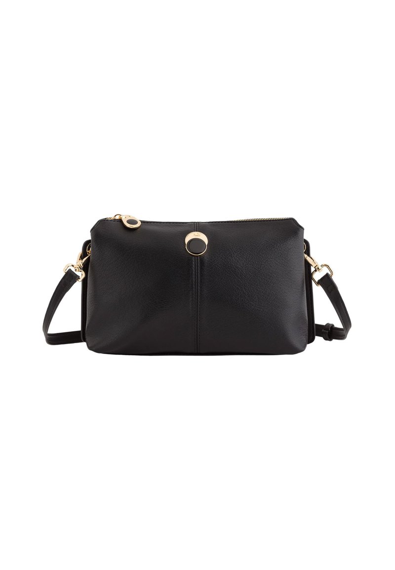 Czarna skórzana torba crossbody o prostokątnym kształcie, z metalowymi elementami w kolorze złotym, zamknięciem na zamek błyskawiczny oraz odpinanym paskiem.