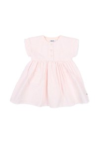 Vestito da neonata a righe rosa chiaro e bianche con maniche corte, tre bottoni sul petto e due tasche frontali, etichettato "Molo".
