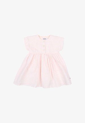 Jasnoróżowa i biała sukienka dziecięca w paski z krótkimi rękawami, trzema guzikami na piersiach oraz dwoma przednimi kieszeniami, oznaczona napisem "Molo".