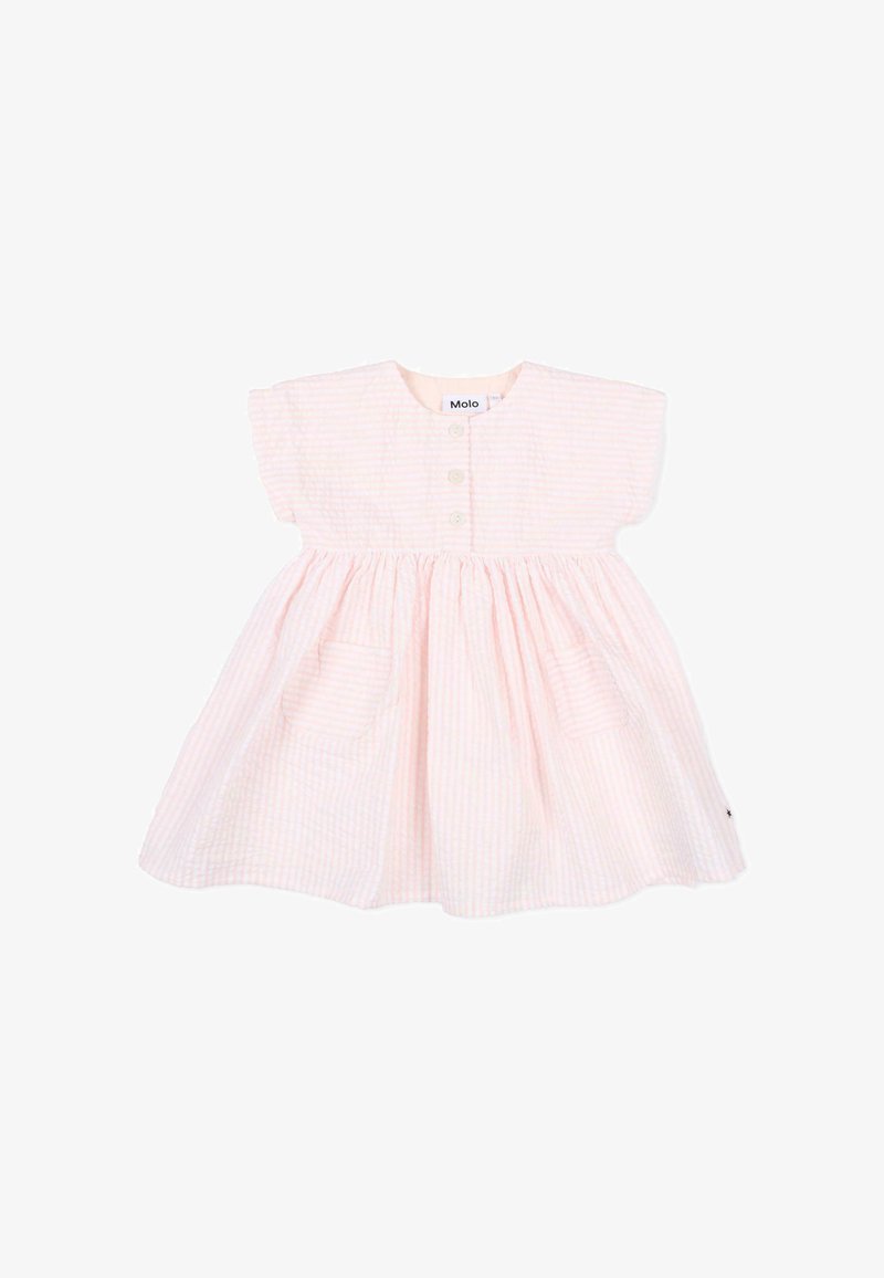 Vestito da neonata a righe rosa chiaro e bianche con maniche corte, tre bottoni sul petto e due tasche frontali, etichettato "Molo".