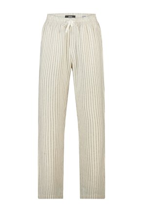Beige broek met dunne verticale zwarte strepen, elastische tailleband en witte trekkoord, rechte pijpen.