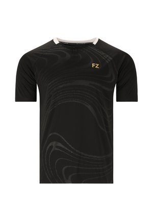 Svart sporttröja med korta ärmar, med ett subtilt vågmönster, vita krageaccenter och en gul "FZ"-logga på vänster bröst.
