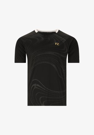 Svart sporttröja med korta ärmar, med ett subtilt vågmönster, vita krageaccenter och en gul "FZ"-logga på vänster bröst.