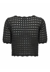 Haut court à manches courtes en crochet noir avec motif carré ouvert et bords festonnés, vu de dos sur fond blanc.