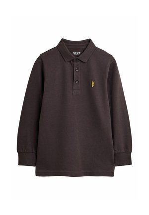 Dark brown long-sleeve polo shirt with three buttons and a small yellow lobster emblem on the left chest.