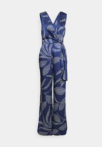 Combinaison bleu marine sans manches avec motifs de feuilles blanches en points, devant style portefeuille et ceinture à la taille côté droit.