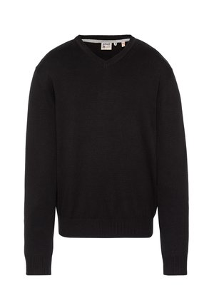 Pull noir à manches longues avec col en V, poignets et ourlet côtelés, présenté à plat sur un fond blanc.