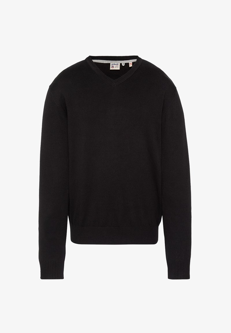 Pull noir à manches longues avec col en V, poignets et ourlet côtelés, présenté à plat sur un fond blanc.