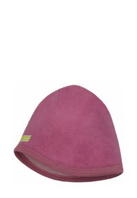 Fleece-Mütze in tiefem Pink mit glatter Textur, runder Form und gestreifter Innenauskleidung, sowie einem kleinen grünen Label an der Seite.