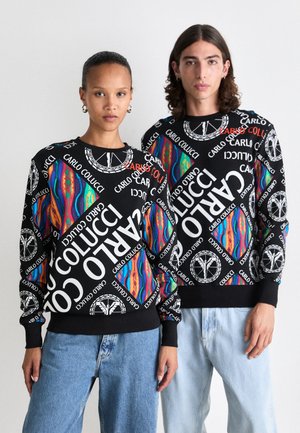 Black sweatshirts featuring colorful abstract patterns and repeated text "CARLO COLUCCI." Ribbed cuffs and hems; relaxed fit.