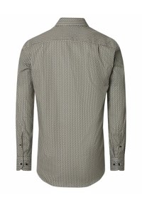 Long-sleeve shirt featuring a geometric pattern in beige, navy, and green. Button cuffs and a standard collar complete the design.