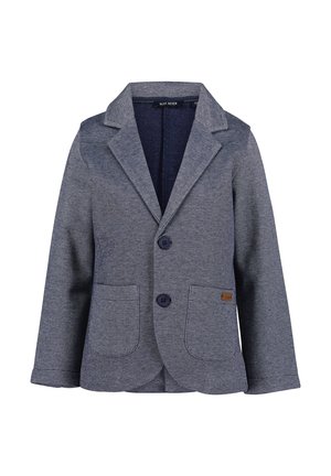 Marineblazer van textiel met een gestructureerde stof, met een reverskraag, twee voorzakken, twee knopen en een klein merkembleem aan de zijkant.