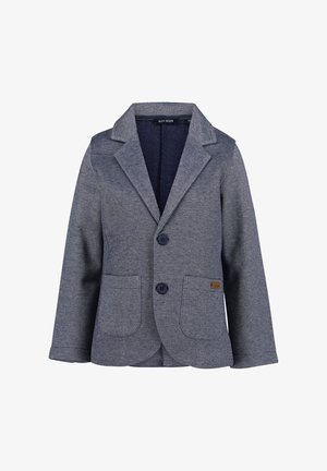 Blazer navy in tessuto testurizzato, con colletto a revers, due tasche frontali, due bottoni e un piccolo etichetta del marchio di lato.