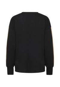 Black sweatshirt with a rounded neckline, long sleeves, and beige accents on the shoulders. Soft fabric with ribbed cuffs and hem.