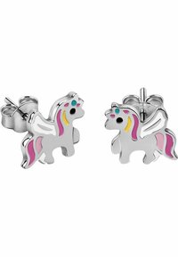 Orecchini a forma di unicorno in tono argento presentano vivaci dettagli in smalto nei colori rosa, blu e giallo, con chiusure a farfalla per una vestibilità sicura.