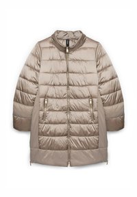 Prošívaná středně dlouhá bunda v barvě taupe s vysokým límcem, předním zipem a dvěma bočními kapsami na zip. Má hladkou, lesklou strukturu.